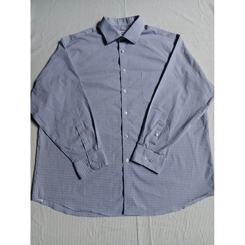 Calvin Klein Blue Plaid Button Down Long Sleeve Shirt XL Cotton Wrinkle Free